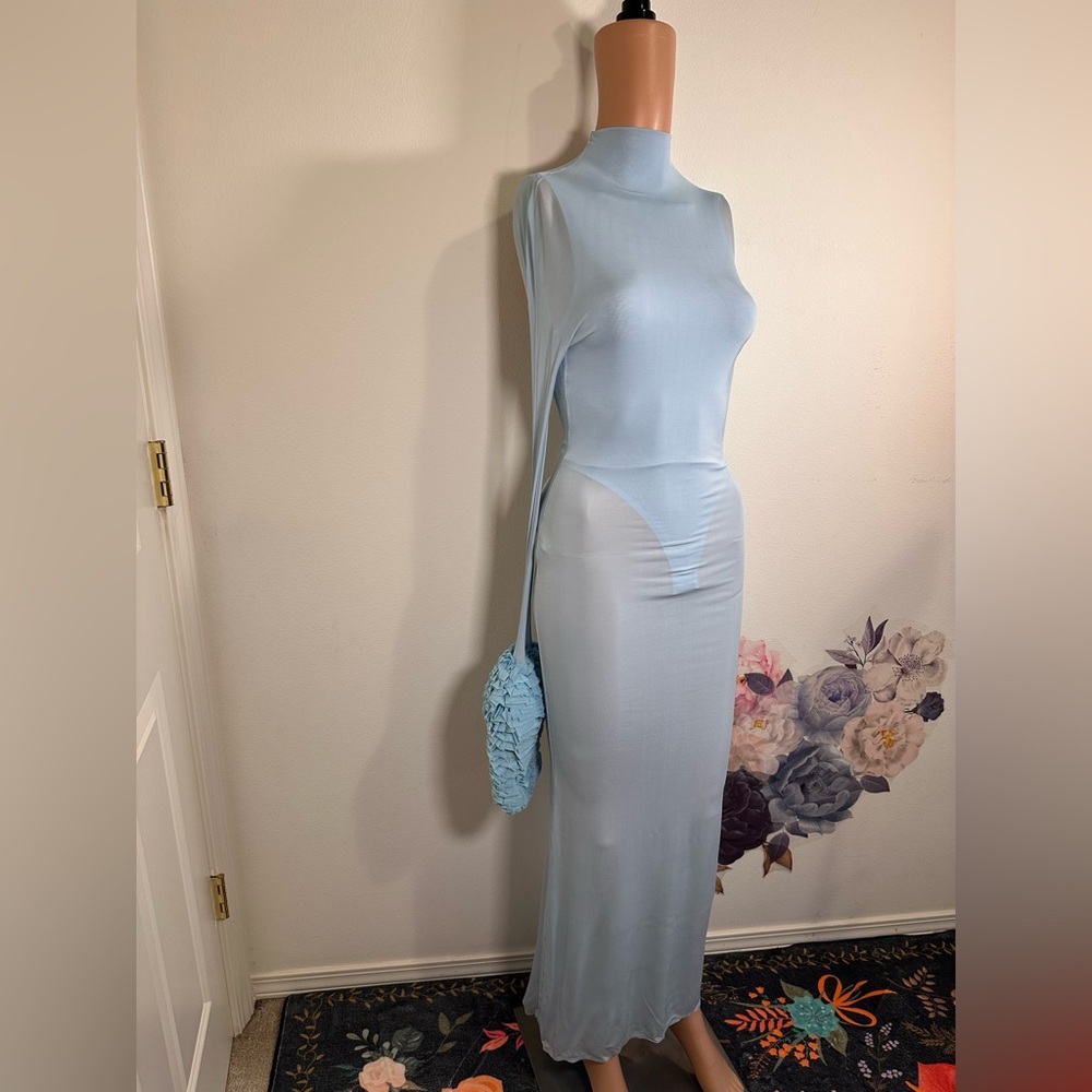 New Alaia Ruffle Dress in Ciel blue long sleeve maxi jersey bodycon - Picture 3 of 15